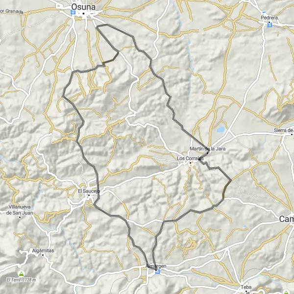 Miniatura della mappa di ispirazione al ciclismo "Percorso ciclistico road tra El Saucejo e Almargen" nella regione di Andalucía, Spain. Generata da Tarmacs.app, pianificatore di rotte ciclistiche