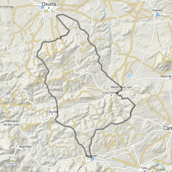 Map miniature of "The Saucejo Challenge" cycling inspiration in Andalucía, Spain. Generated by Tarmacs.app cycling route planner