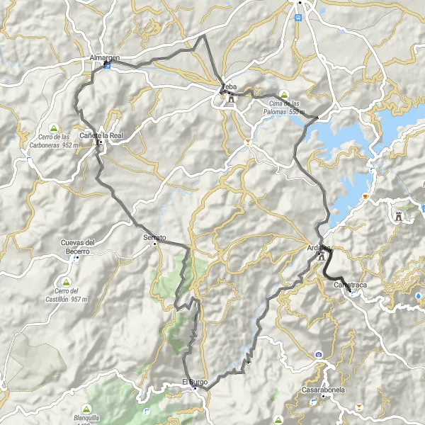 Map miniature of "Conquer the Challenging Road Routes from Almargen" cycling inspiration in Andalucía, Spain. Generated by Tarmacs.app cycling route planner