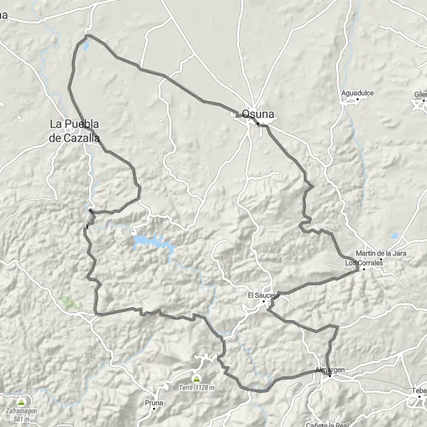 Miniatura mapy "Trasa road przez Algámitas, Villanueva de San Juan i Osunę" - trasy rowerowej w Andalucía, Spain. Wygenerowane przez planer tras rowerowych Tarmacs.app