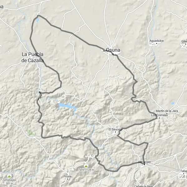 Map miniature of "Scenic Road Cycling Adventure to Osuna via Almargen" cycling inspiration in Andalucía, Spain. Generated by Tarmacs.app cycling route planner