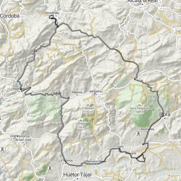 Miniature de la carte de l'inspiration cycliste "Tour ralliant Tocón, Algarinejo et La Fuente Grande" dans la Andalucía, Spain. Générée par le planificateur d'itinéraire cycliste Tarmacs.app