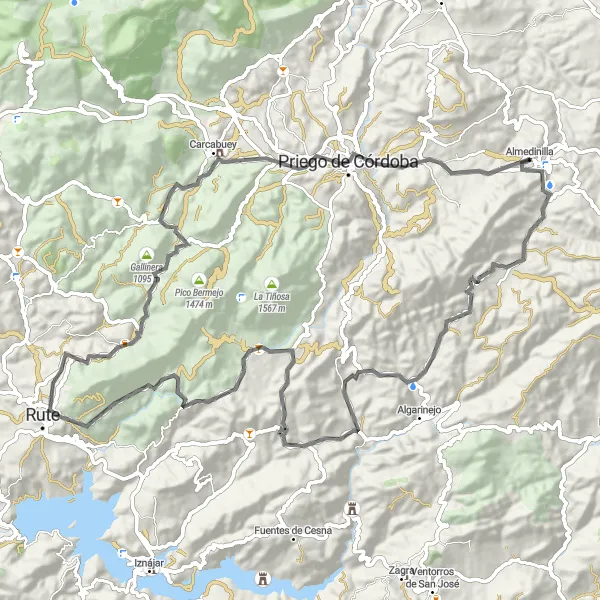 Miniatua del mapa de inspiración ciclista "Ruta de Priego de Córdoba" en Andalucía, Spain. Generado por Tarmacs.app planificador de rutas ciclistas