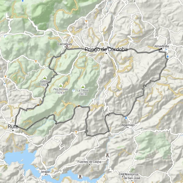 Miniature de la carte de l'inspiration cycliste "Boucle à travers Rute, Gallinera et Priego de Córdoba" dans la Andalucía, Spain. Générée par le planificateur d'itinéraire cycliste Tarmacs.app