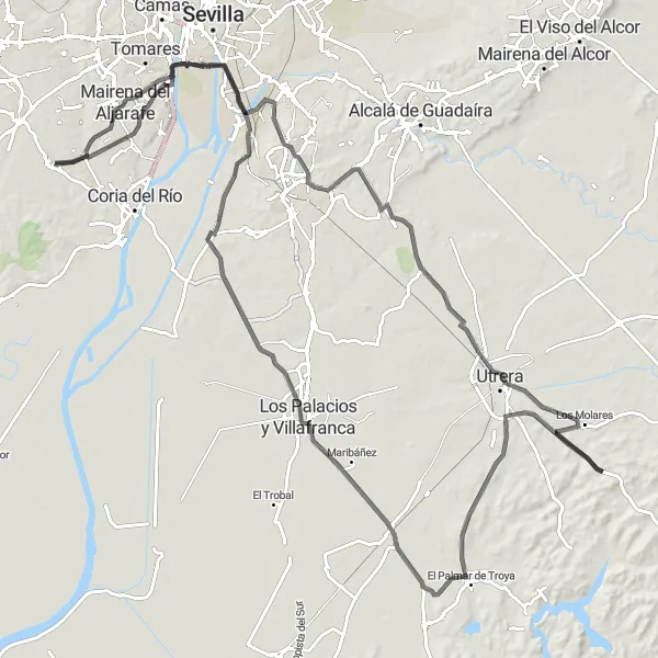 Miniatuurkaart van de fietsinspiratie "Rondtocht Almensilla - Distinctieve en pittoreske landelijke route" in Andalucía, Spain. Gemaakt door de Tarmacs.app fietsrouteplanner
