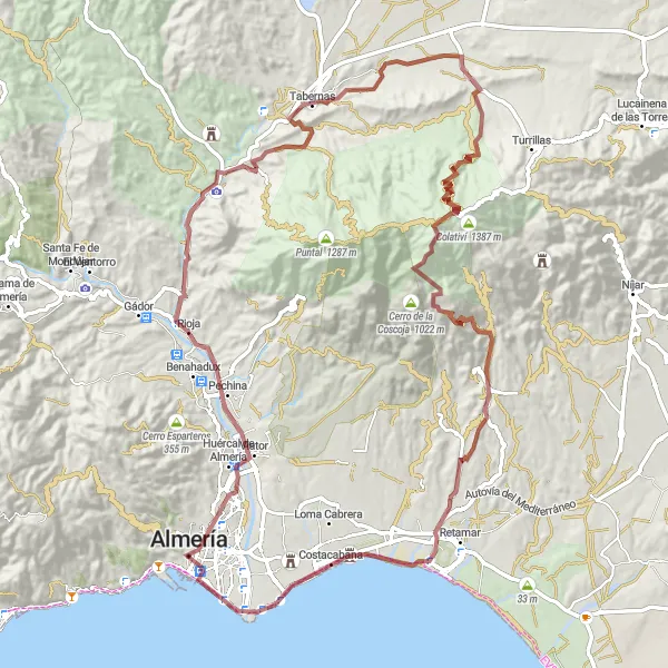 Miniatua del mapa de inspiración ciclista "Ruta de grava desafiante desde Almería" en Andalucía, Spain. Generado por Tarmacs.app planificador de rutas ciclistas