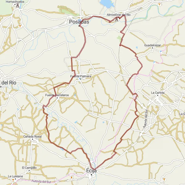 Miniaturní mapa "Trasa kolem Almodóvar del Río" inspirace pro cyklisty v oblasti Andalucía, Spain. Vytvořeno pomocí plánovače tras Tarmacs.app