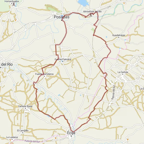 Karten-Miniaturansicht der Radinspiration "Fahrt ins Grüne um Posadas" in Andalucía, Spain. Erstellt vom Tarmacs.app-Routenplaner für Radtouren