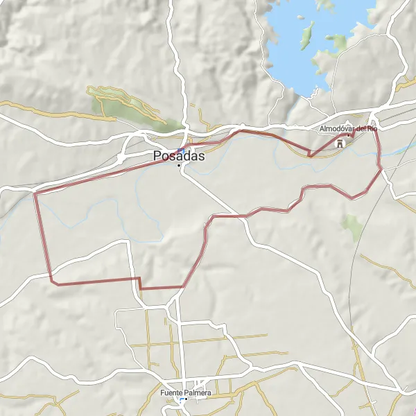 Map miniature of "Almodóvar del Río Short Gravel Loop" cycling inspiration in Andalucía, Spain. Generated by Tarmacs.app cycling route planner