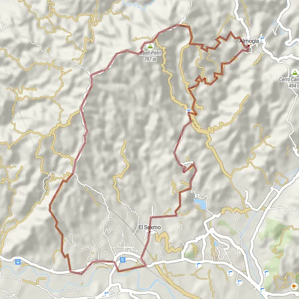 Miniatua del mapa de inspiración ciclista "Ruta de Almogía a El Sexmo y Santi-Petri (Gravel)" en Andalucía, Spain. Generado por Tarmacs.app planificador de rutas ciclistas