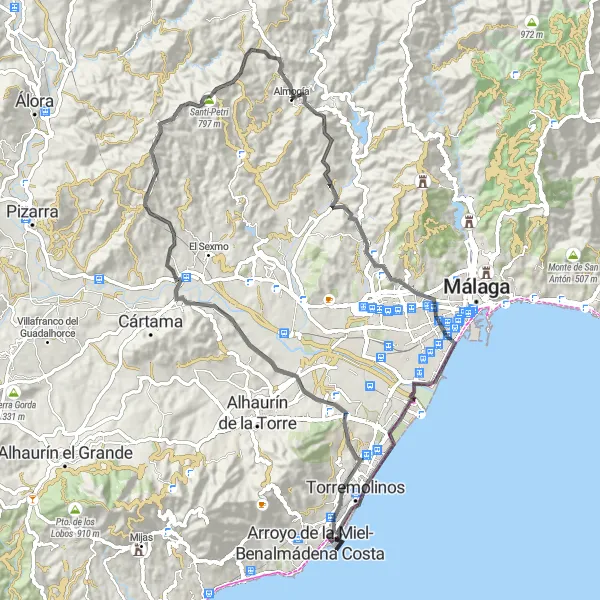 Miniatura della mappa di ispirazione al ciclismo "Emozionante circuito ciclistico di 86 km partendo da Almogía" nella regione di Andalucía, Spain. Generata da Tarmacs.app, pianificatore di rotte ciclistiche