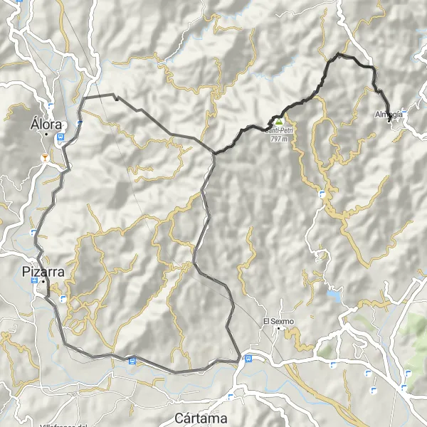 Miniatua del mapa de inspiración ciclista "Ruta de Almogía a Santi-Petri y Castillo de Álora" en Andalucía, Spain. Generado por Tarmacs.app planificador de rutas ciclistas