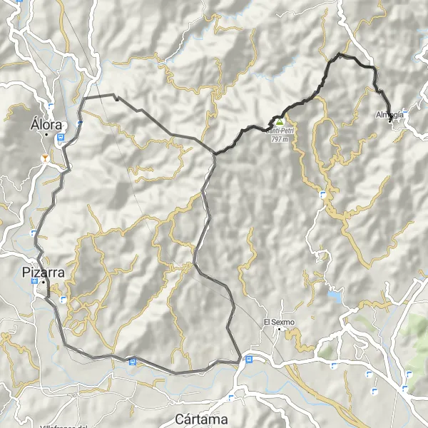 Miniatuurkaart van de fietsinspiratie "Rit langs pittoreske dorpjes en historische bezienswaardigheden" in Andalucía, Spain. Gemaakt door de Tarmacs.app fietsrouteplanner