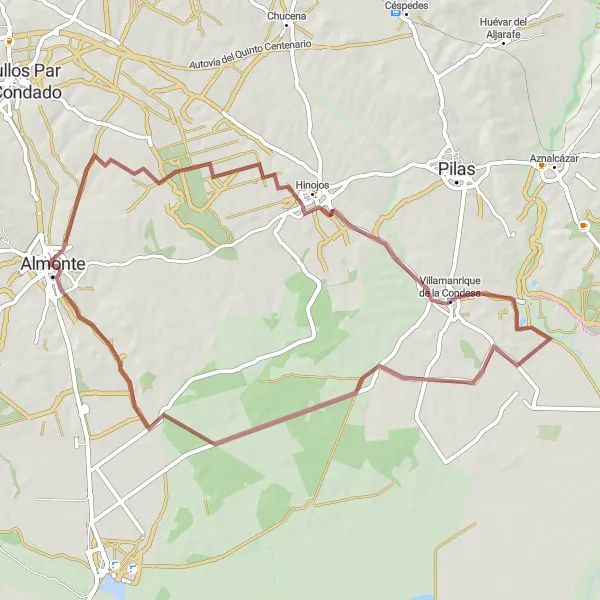 Miniatura della mappa di ispirazione al ciclismo "Tour in gravel tra Almonte e Hinojos" nella regione di Andalucía, Spain. Generata da Tarmacs.app, pianificatore di rotte ciclistiche
