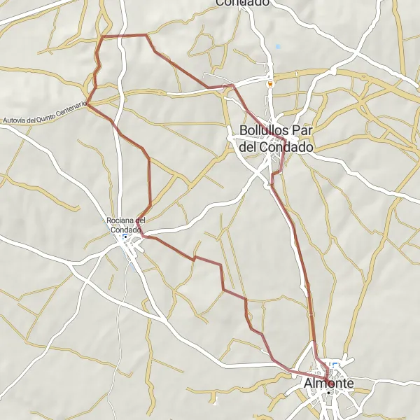 Karten-Miniaturansicht der Radinspiration "Rociana del Condado und Bollullos Par del Condado" in Andalucía, Spain. Erstellt vom Tarmacs.app-Routenplaner für Radtouren