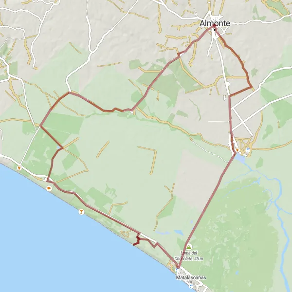 Miniaturní mapa "Gravelová výzva do Almonte" inspirace pro cyklisty v oblasti Andalucía, Spain. Vytvořeno pomocí plánovače tras Tarmacs.app