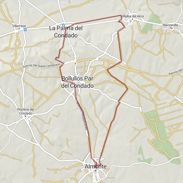 Miniaturekort af cykelinspirationen "Grusvej Rute fra Almonte til La Palma del Condado" i Andalucía, Spain. Genereret af Tarmacs.app cykelruteplanlægger