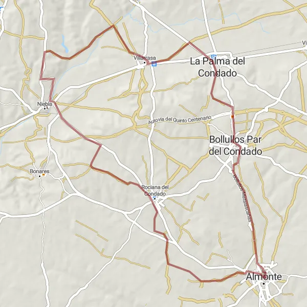 Miniatua del mapa de inspiración ciclista "Ruta de gravel Rociana del Condado - Castillo de Niebla - La Palma del Condado - Almonte" en Andalucía, Spain. Generado por Tarmacs.app planificador de rutas ciclistas