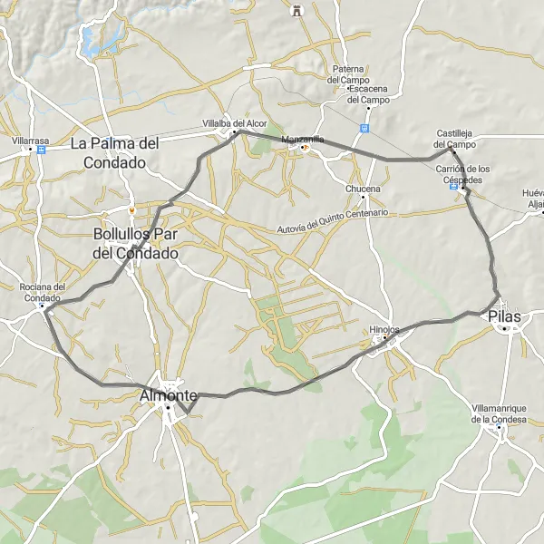 Miniatura della mappa di ispirazione al ciclismo "Tour in bici tra Almonte e Bollullos Par del Condado" nella regione di Andalucía, Spain. Generata da Tarmacs.app, pianificatore di rotte ciclistiche