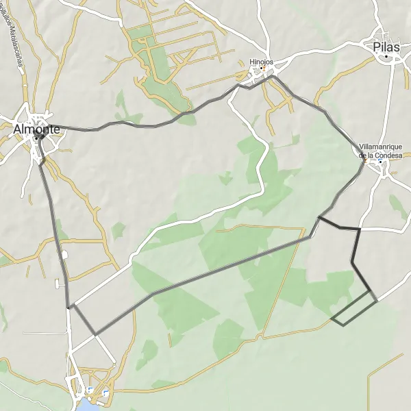 Miniatua del mapa de inspiración ciclista "Ruta de carretera Hinojos - Villamanrique de la Condesa - Almonte" en Andalucía, Spain. Generado por Tarmacs.app planificador de rutas ciclistas