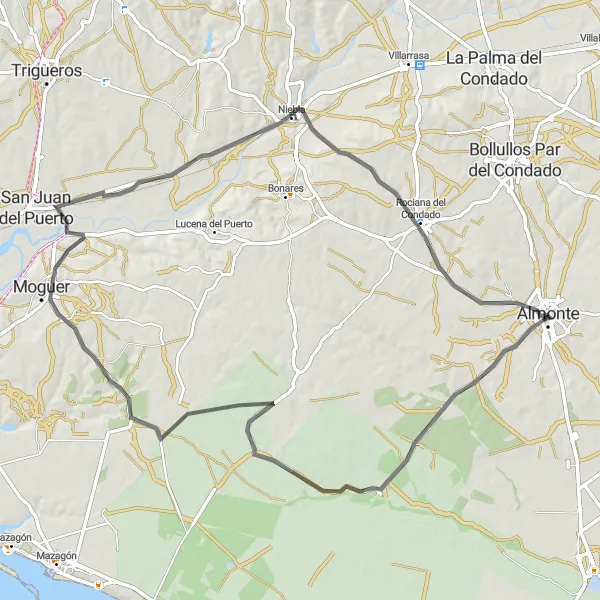 Map miniature of "Moguer Discovery Tour" cycling inspiration in Andalucía, Spain. Generated by Tarmacs.app cycling route planner