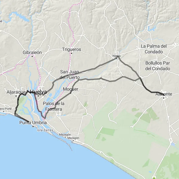 Map miniature of "Almonte to Castillo de Niebla Loop" cycling inspiration in Andalucía, Spain. Generated by Tarmacs.app cycling route planner