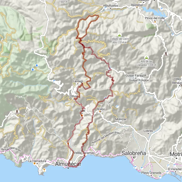 Karten-Miniaturansicht der Radinspiration "Hügelige Schotter-Runde über Torrecuevas und Velilla-Taramay" in Andalucía, Spain. Erstellt vom Tarmacs.app-Routenplaner für Radtouren