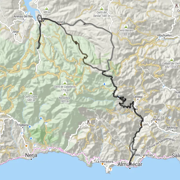 Miniatuurkaart van de fietsinspiratie "Almuñécar naar Otívar en terug" in Andalucía, Spain. Gemaakt door de Tarmacs.app fietsrouteplanner