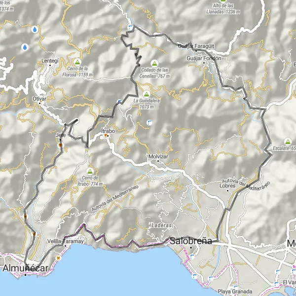 Miniature de la carte de l'inspiration cycliste "La boucle des villages côtiers" dans la Andalucía, Spain. Générée par le planificateur d'itinéraire cycliste Tarmacs.app