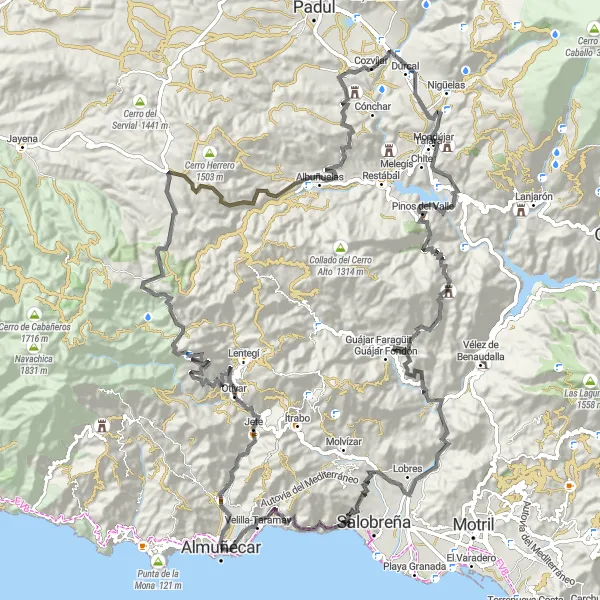 Miniature de la carte de l'inspiration cycliste "La grande traversée des montagnes d'Almuñécar" dans la Andalucía, Spain. Générée par le planificateur d'itinéraire cycliste Tarmacs.app