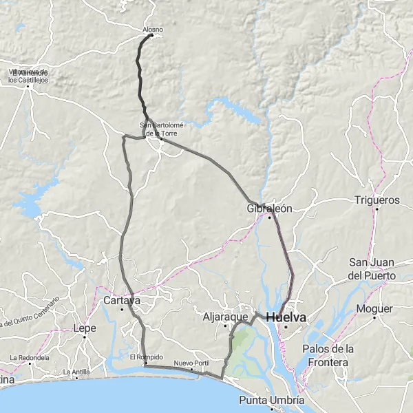 Miniatura mapy "Trasa przez San Bartolomé de la Torre i El Rompido" - trasy rowerowej w Andalucía, Spain. Wygenerowane przez planer tras rowerowych Tarmacs.app