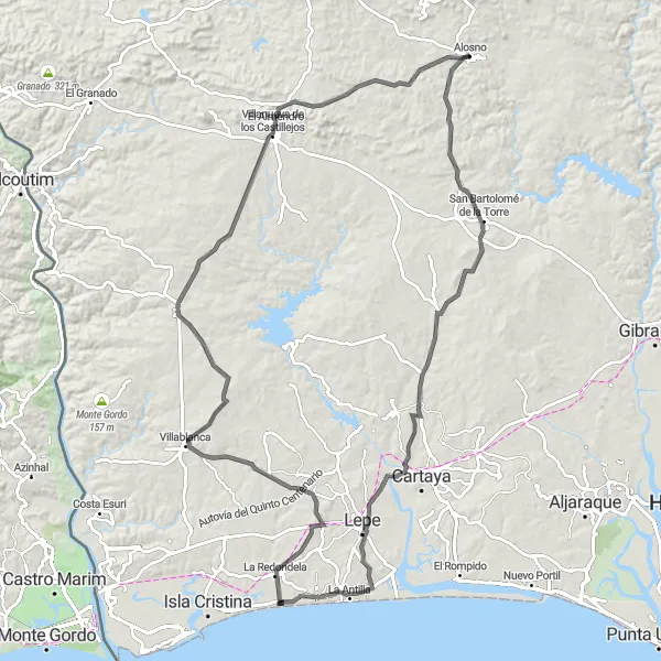Miniatura mapy "Trasa przez San Bartolomé de la Torre i El Almendro" - trasy rowerowej w Andalucía, Spain. Wygenerowane przez planer tras rowerowych Tarmacs.app