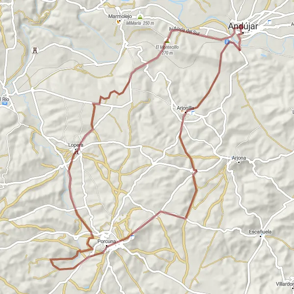 Map miniature of "Gravel Adventure through Andújar" cycling inspiration in Andalucía, Spain. Generated by Tarmacs.app cycling route planner