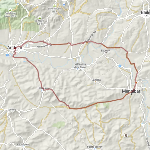 Map miniature of "Castillo de Espelúy - Mengíbar - Lahiguera Loop" cycling inspiration in Andalucía, Spain. Generated by Tarmacs.app cycling route planner