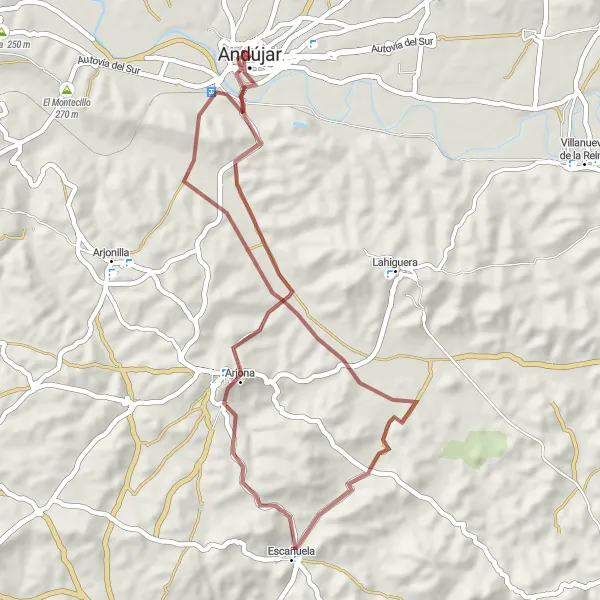 Map miniature of "Palacio de los Niños de Don Gome - Escañuela - Arjona Loop" cycling inspiration in Andalucía, Spain. Generated by Tarmacs.app cycling route planner