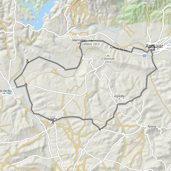 Map miniature of "Lopera - Marmolejo - MiMaría Loop" cycling inspiration in Andalucía, Spain. Generated by Tarmacs.app cycling route planner