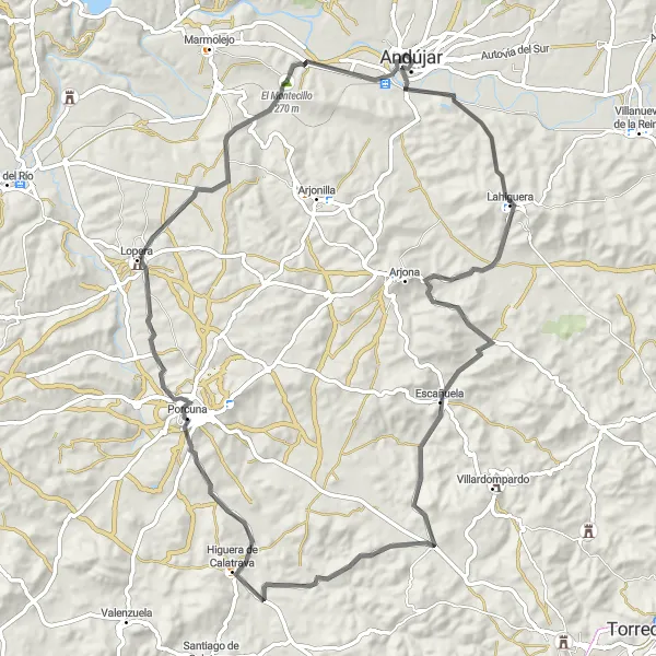 Miniatura mapy "Trasa z Andújar do El Montecillo" - trasy rowerowej w Andalucía, Spain. Wygenerowane przez planer tras rowerowych Tarmacs.app