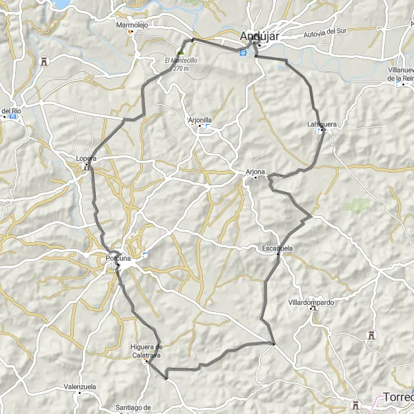 Map miniature of "Road Odyssey from Andújar" cycling inspiration in Andalucía, Spain. Generated by Tarmacs.app cycling route planner