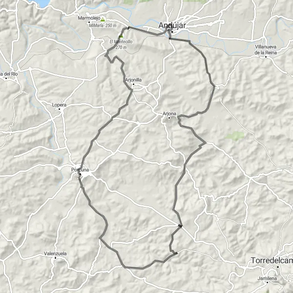 Miniatura mapy "Trasa z Andújar do El Montecillo (wersja extended)" - trasy rowerowej w Andalucía, Spain. Wygenerowane przez planer tras rowerowych Tarmacs.app