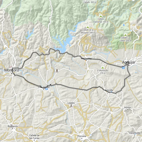 Map miniature of "Scenic Exploration of Andújar" cycling inspiration in Andalucía, Spain. Generated by Tarmacs.app cycling route planner