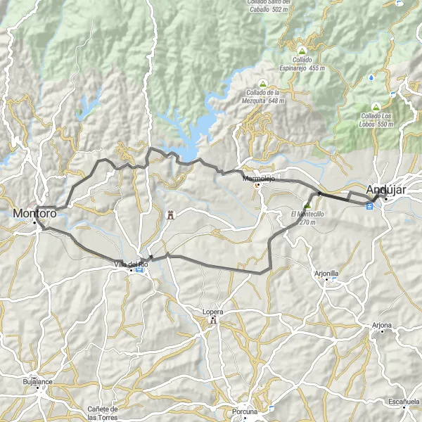 Map miniature of "A Memorable Journey through Andújar" cycling inspiration in Andalucía, Spain. Generated by Tarmacs.app cycling route planner