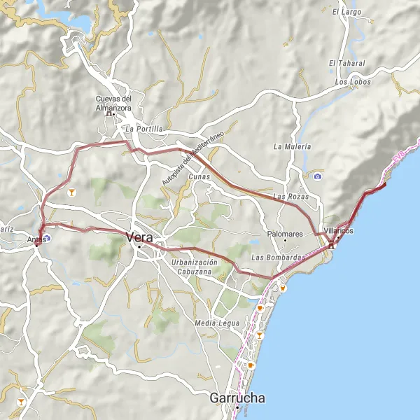 Miniatura della mappa di ispirazione al ciclismo "Esplorazione in Gravel da Antas a Zona archeologica di El Argar" nella regione di Andalucía, Spain. Generata da Tarmacs.app, pianificatore di rotte ciclistiche