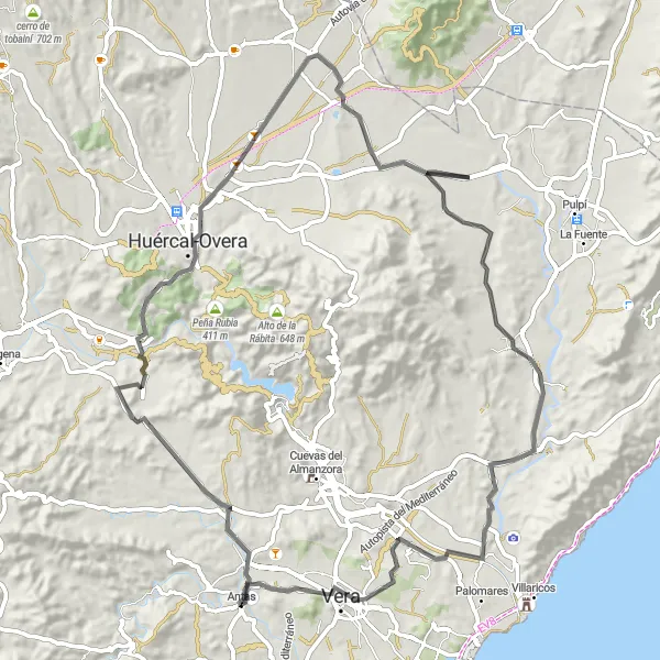 Miniaturekort af cykelinspirationen "Landevejrute mellem Antas og Guazamara" i Andalucía, Spain. Genereret af Tarmacs.app cykelruteplanlægger
