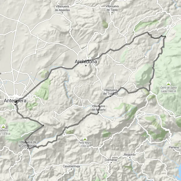 Map miniature of "Antequera Dolmens and Villanueva del Trabuco" cycling inspiration in Andalucía, Spain. Generated by Tarmacs.app cycling route planner