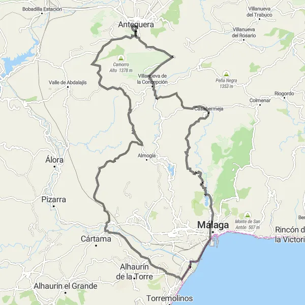 Map miniature of "Cártama Challenge" cycling inspiration in Andalucía, Spain. Generated by Tarmacs.app cycling route planner