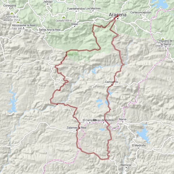 Miniatuurkaart van de fietsinspiratie "Bergachtige Gravel Fietsroute naar Linares de la Sierra" in Andalucía, Spain. Gemaakt door de Tarmacs.app fietsrouteplanner