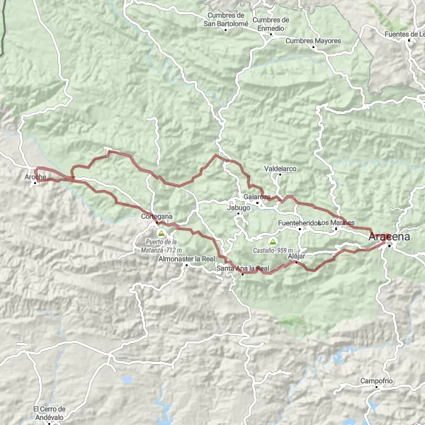 Miniatua del mapa de inspiración ciclista "Ruta de los Castillos en Sierra de Aracena" en Andalucía, Spain. Generado por Tarmacs.app planificador de rutas ciclistas