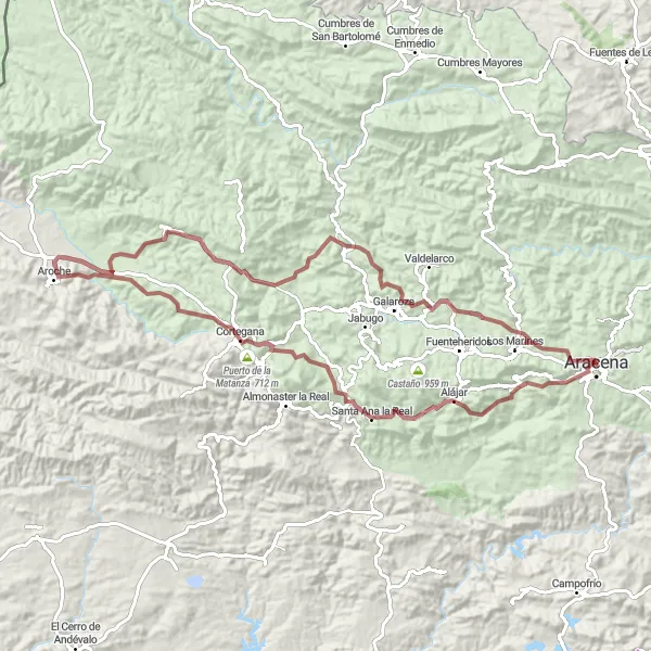 Miniature de la carte de l'inspiration cycliste "Découverte des trésors cachés d'Aracena" dans la Andalucía, Spain. Générée par le planificateur d'itinéraire cycliste Tarmacs.app