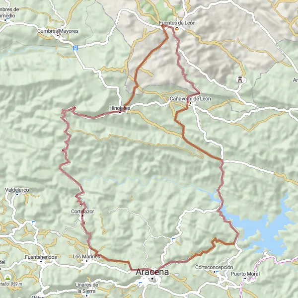Miniature de la carte de l'inspiration cycliste "Aventure en gravel autour d'Aracena" dans la Andalucía, Spain. Générée par le planificateur d'itinéraire cycliste Tarmacs.app
