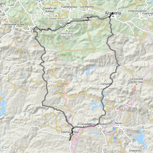 Miniatura della mappa di ispirazione al ciclismo "Giro in bicicletta da Aracena al Casino Arias Montano" nella regione di Andalucía, Spain. Generata da Tarmacs.app, pianificatore di rotte ciclistiche